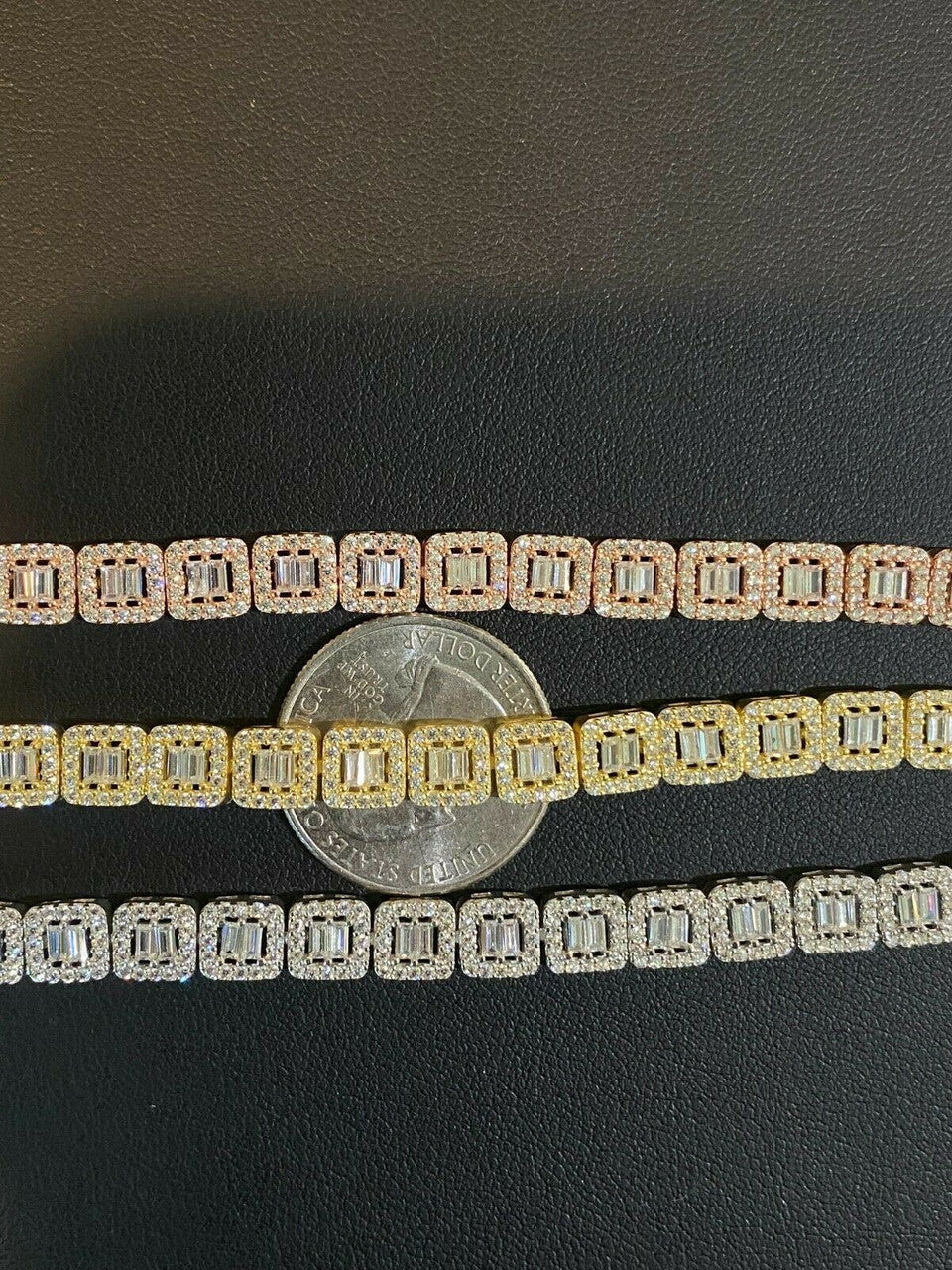 Real 925 Silver / Yellow Rose Gold Square Cluster Bracelet Baguette Diamond