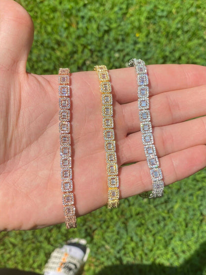Real 925 Silver / Yellow Rose Gold Square Cluster Bracelet Baguette Diamond