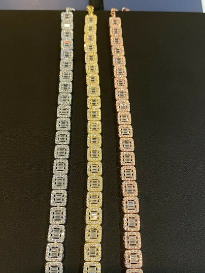 Real 925 Silver / Yellow Rose Gold Square Cluster Bracelet Baguette Diamond