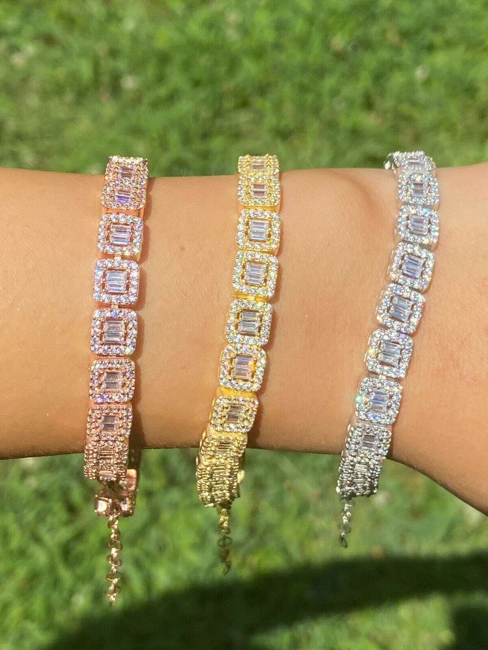 Real 925 Silver / Yellow Rose Gold Square Cluster Bracelet Baguette Diamond