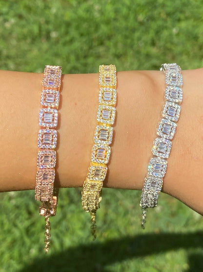 Real 925 Silver / Yellow Rose Gold Square Cluster Bracelet Baguette Diamond