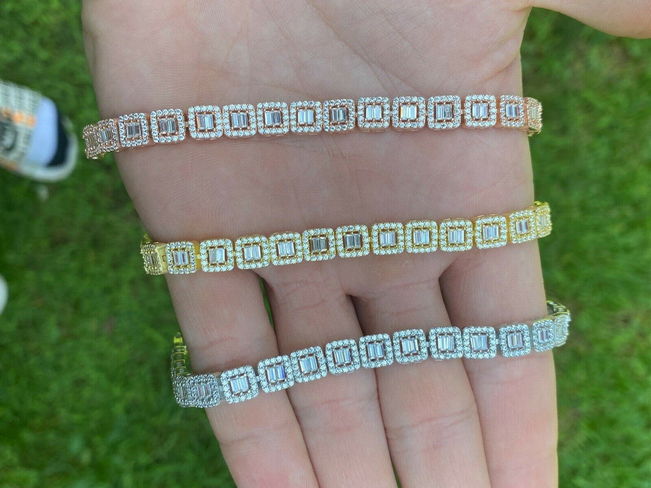 Real 925 Silver / Yellow Rose Gold Square Cluster Bracelet Baguette Diamond