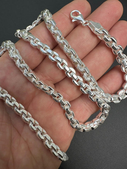 Real 925 Sterling Silver 6mm Men's Puff Rolo Hermes Link Chain Necklace Bracelet
