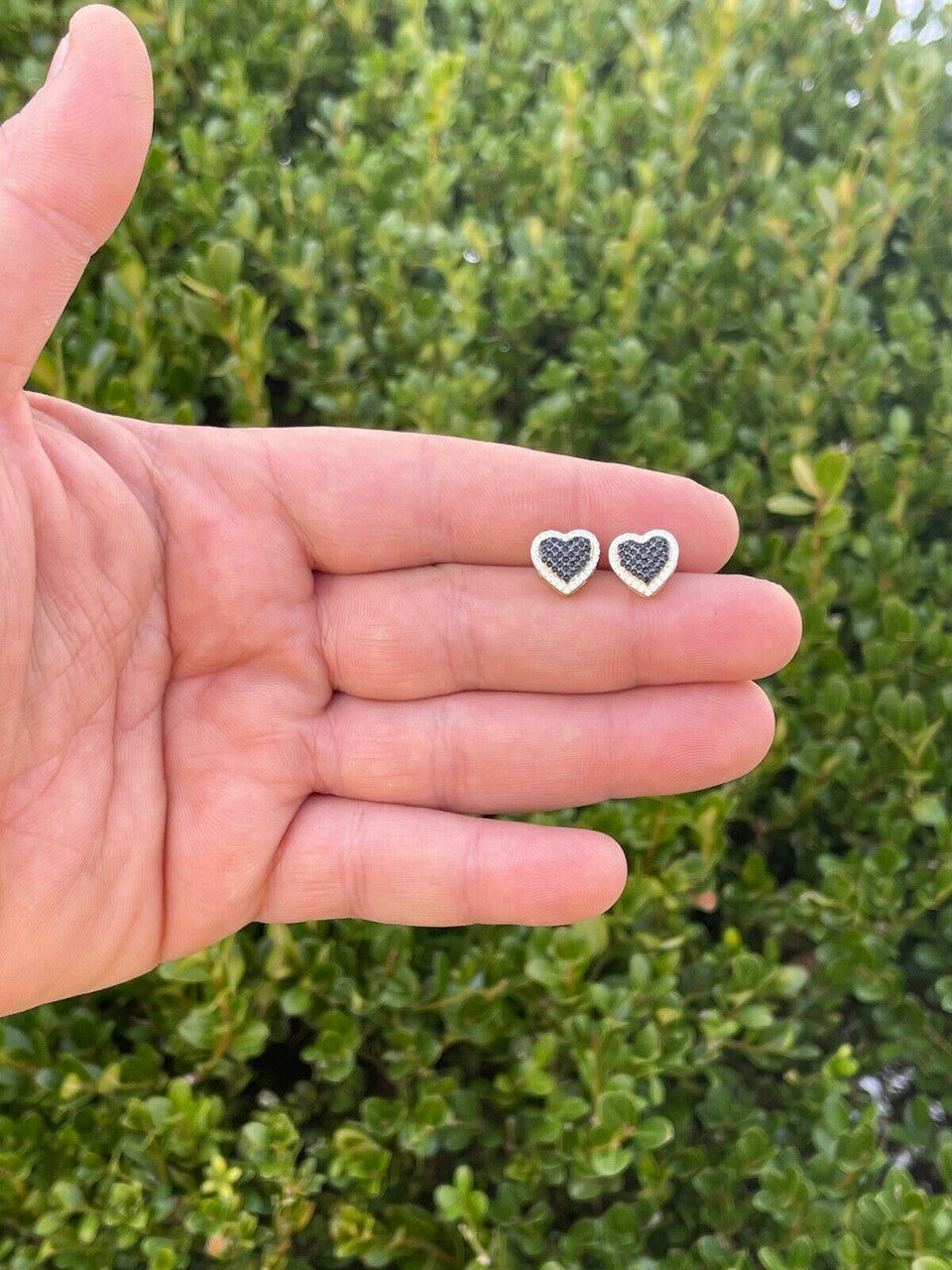 Real 925 Sterling Silver and 14k Gold Heart Shape Earrings Stud Iced Black Diamond