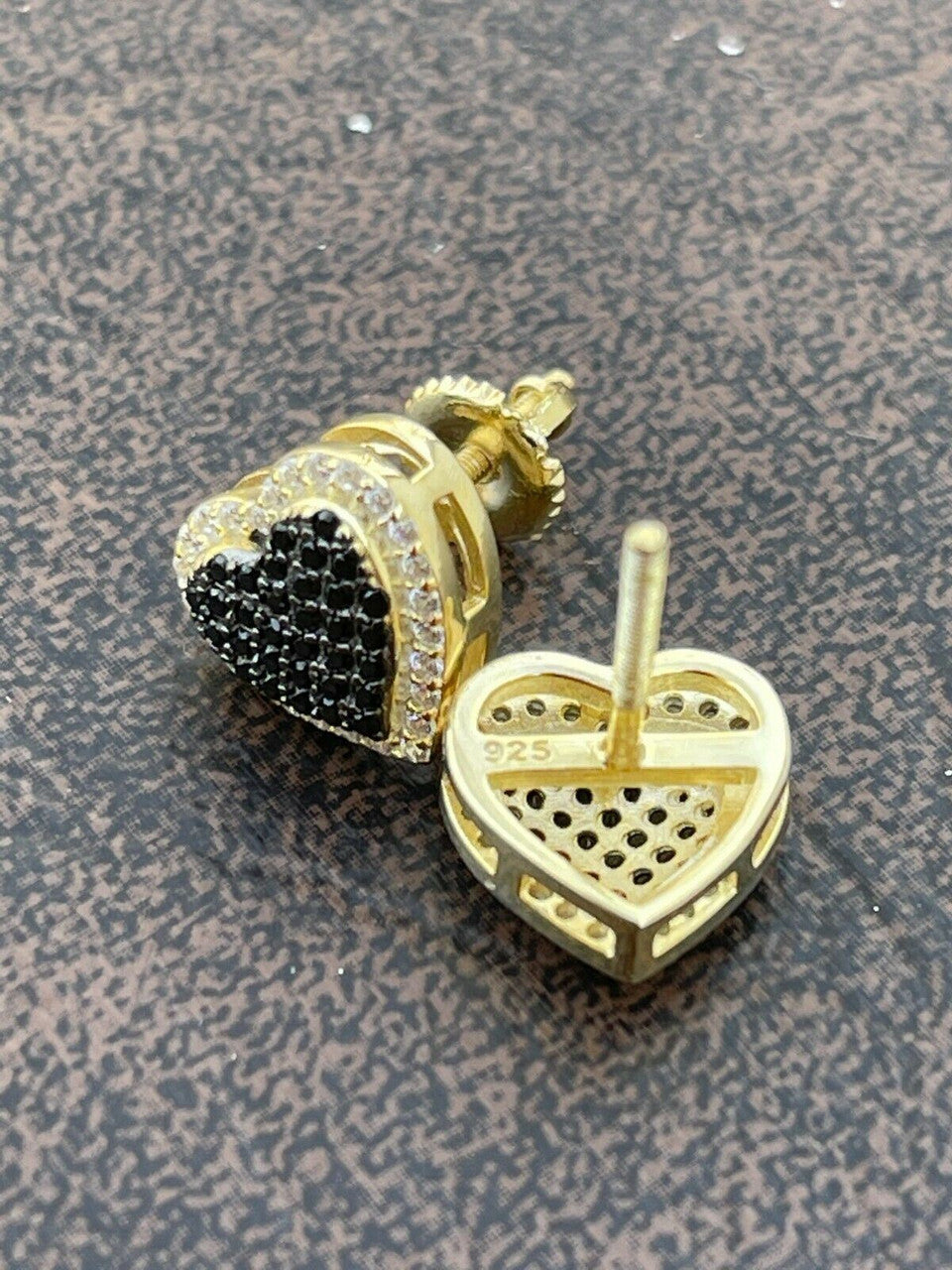 Real 925 Sterling Silver and 14k Gold Heart Shape Earrings Stud Iced Black Diamond