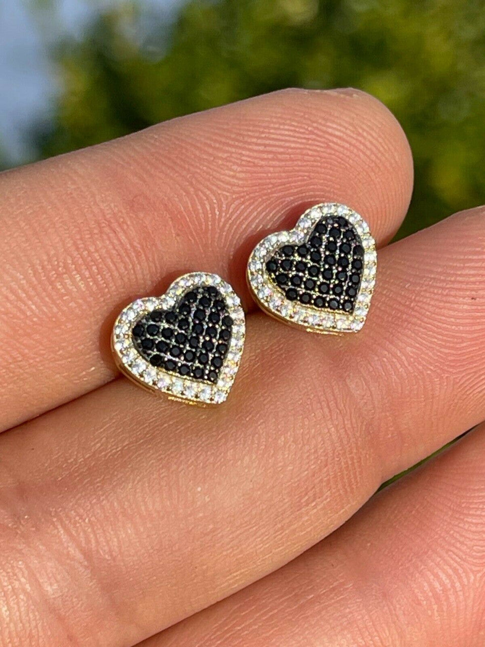 Real 925 Sterling Silver and 14k Gold Heart Shape Earrings Stud Iced Black Diamond