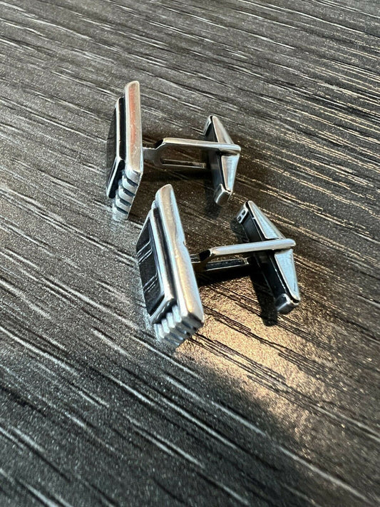 Real 925 Sterling Silver Black Onyx Rectangle Cuff Links Cufflinks Tuxedo Shirt