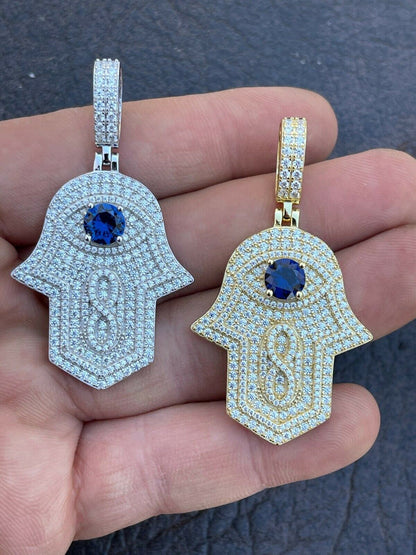 Real 925 Sterling Silver Evil Eye Hamsa Hand Pendant Iced Diamond Necklace Gold