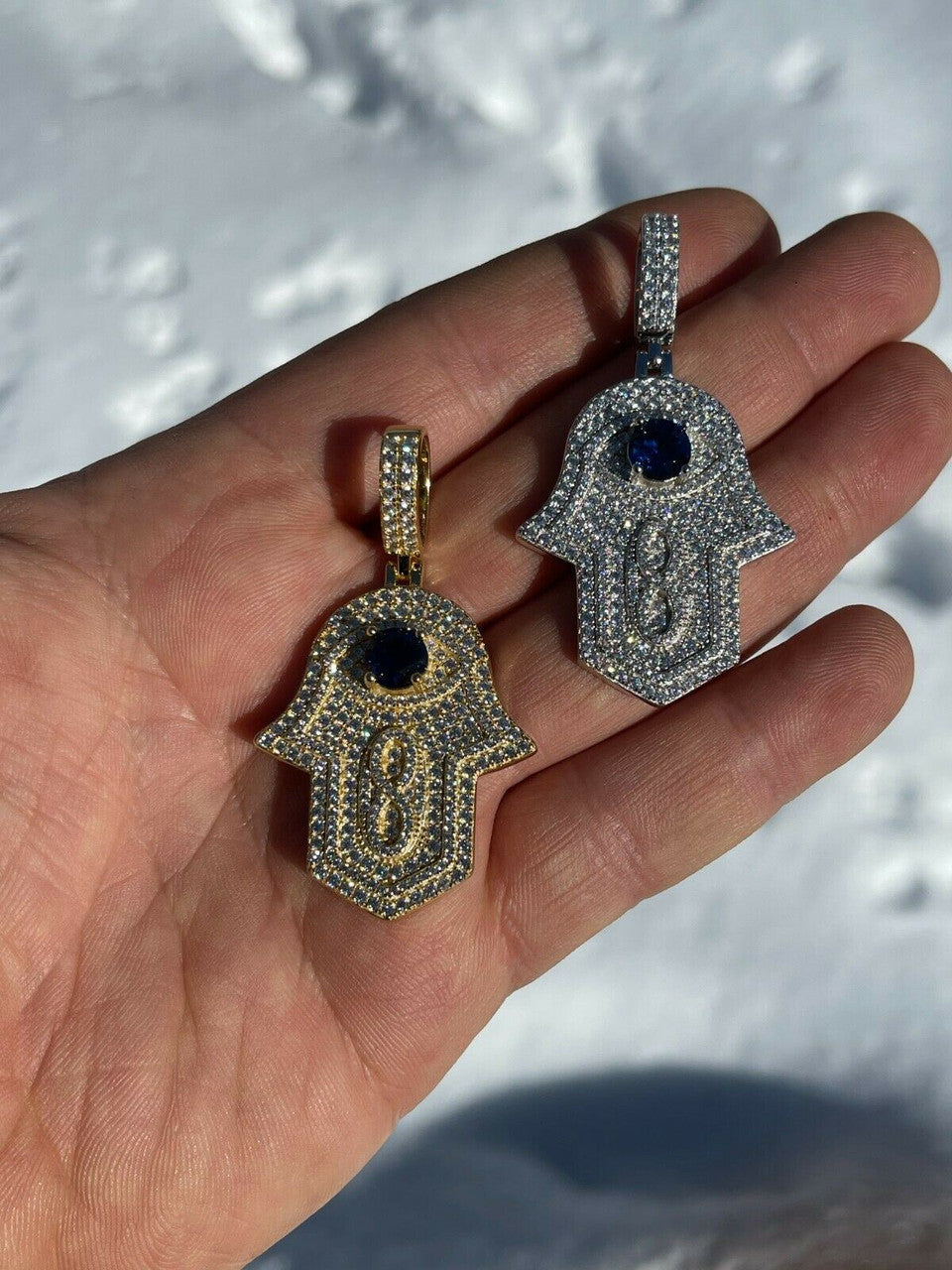 Real 925 Sterling Silver Evil Eye Hamsa Hand Pendant Iced Diamond Necklace Gold