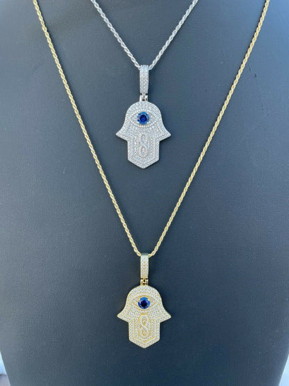 Real 925 Sterling Silver Evil Eye Hamsa Hand Pendant Iced Diamond Necklace Gold
