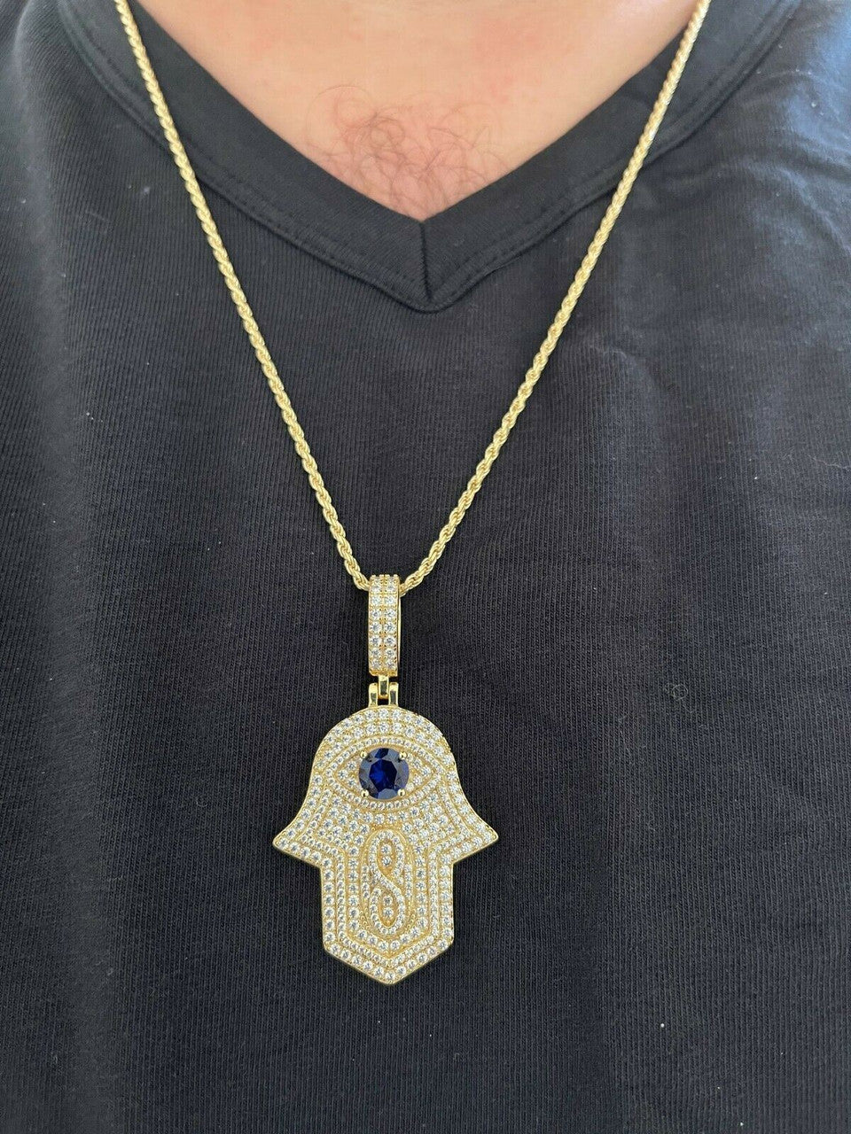 Real 925 Sterling Silver Evil Eye Hamsa Hand Pendant Iced Diamond Necklace Gold