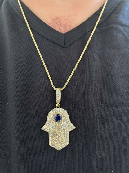 Real 925 Sterling Silver Evil Eye Hamsa Hand Pendant Iced Diamond Necklace Gold