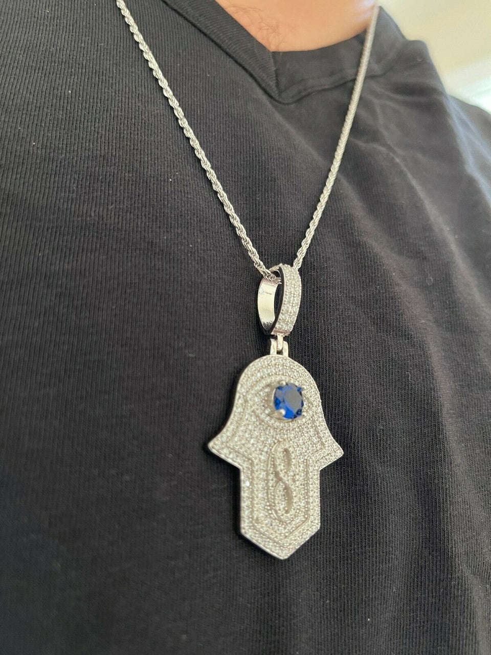 Real 925 Sterling Silver Evil Eye Hamsa Hand Pendant Iced Diamond Necklace Gold