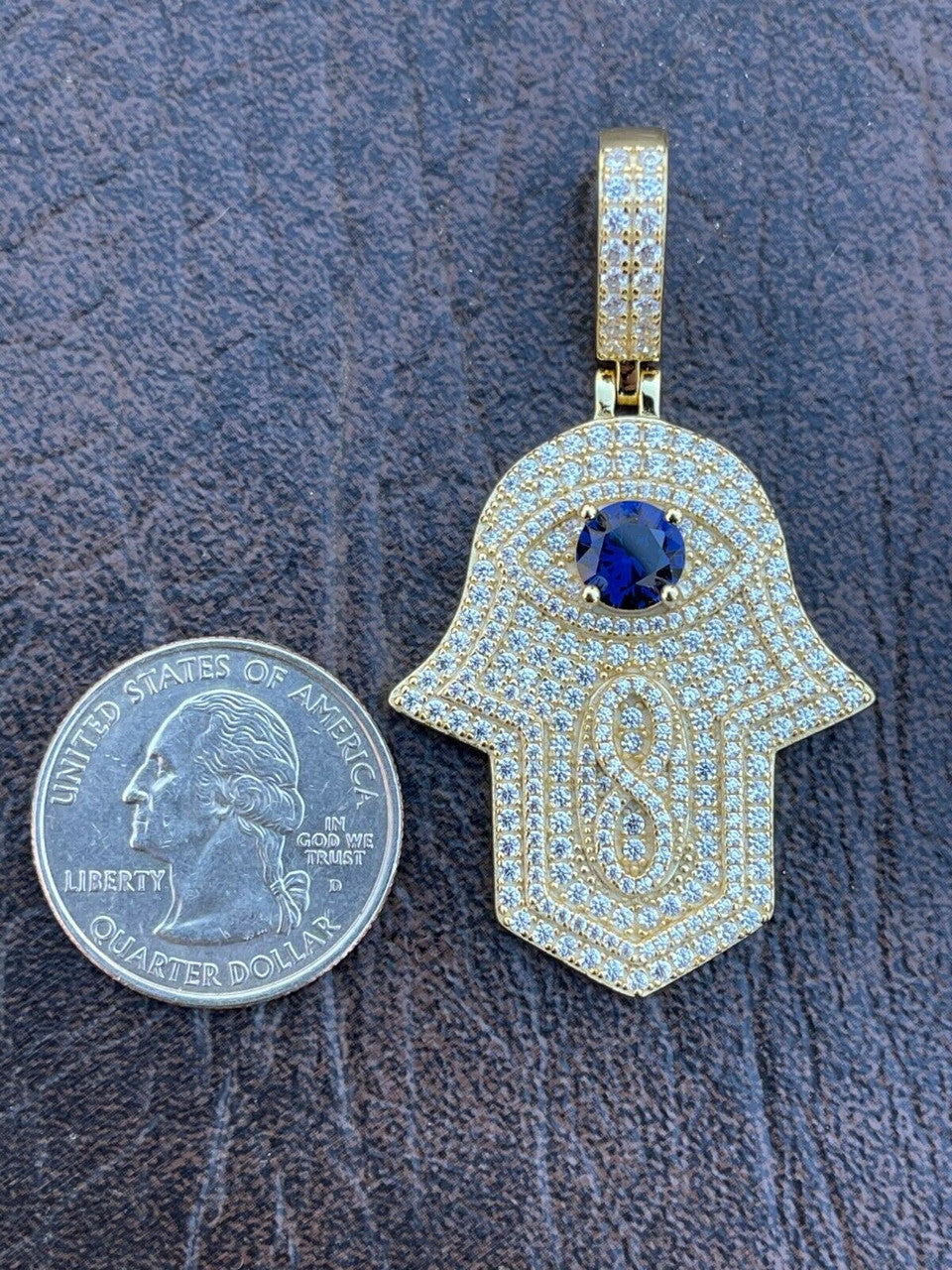 Real 925 Sterling Silver Evil Eye Hamsa Hand Pendant Iced Diamond Necklace Gold