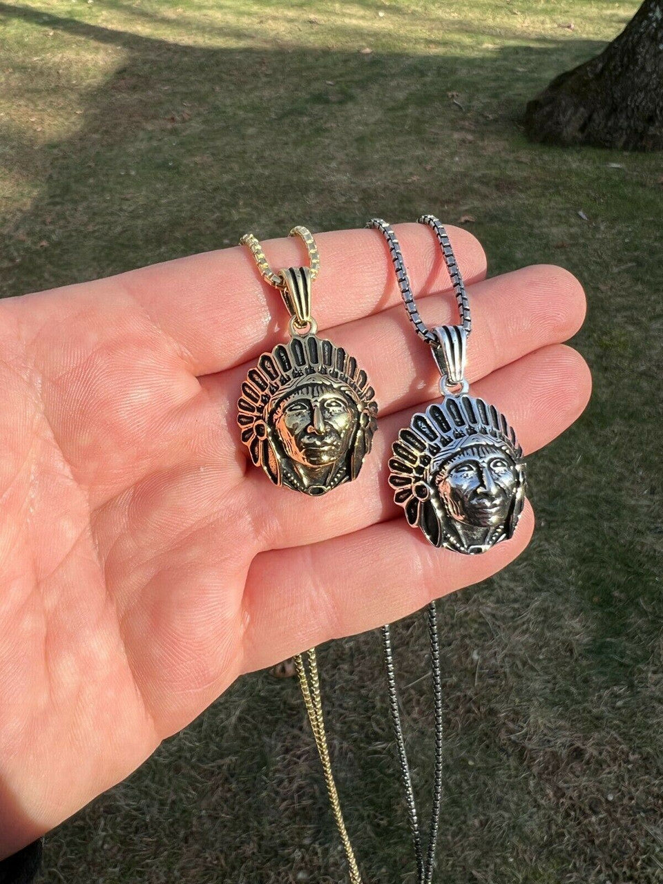 Real 925 Sterling Silver / Gold Indian Head Chief Headdress Pendant Necklace