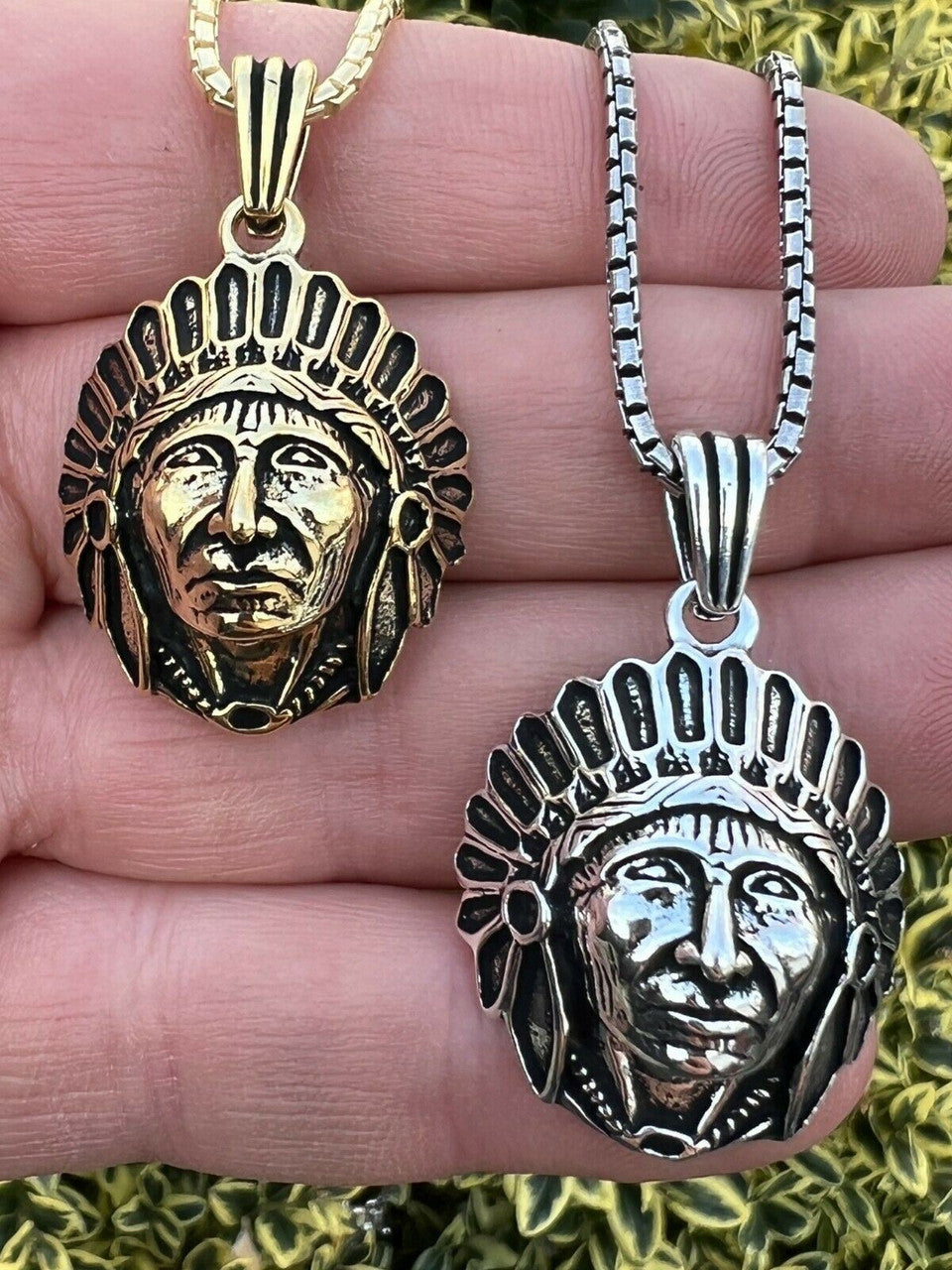 Real 925 Sterling Silver / Gold Indian Head Chief Headdress Pendant Necklace