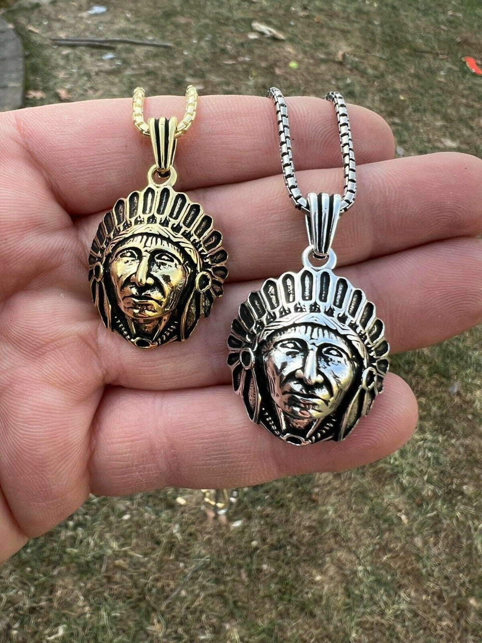 Real 925 Sterling Silver / Gold Indian Head Chief Headdress Pendant Necklace