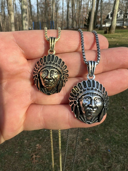 Real 925 Sterling Silver / Gold Indian Head Chief Headdress Pendant Necklace