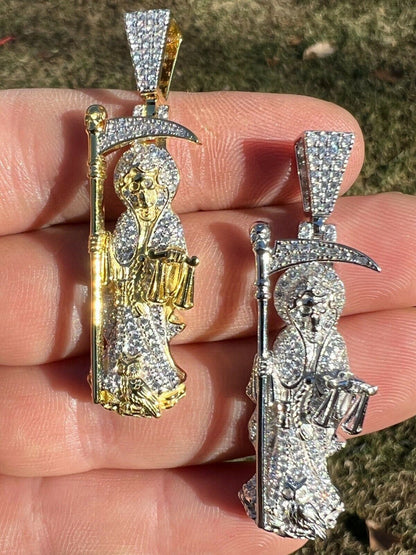 Real 925 Sterling Silver / Gold Santa Muerte Grim Reaper Death Pendant Necklace