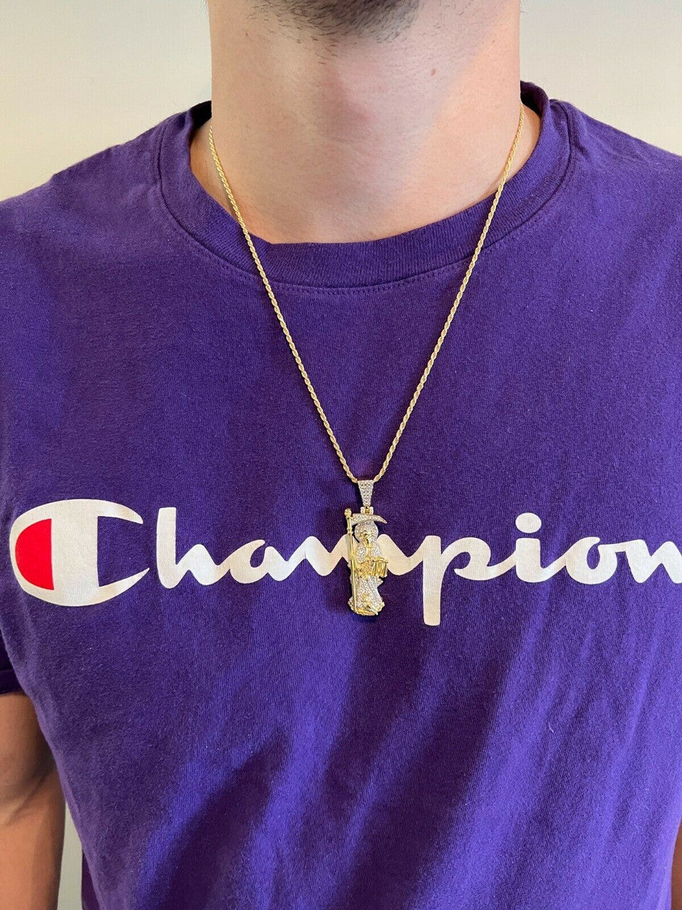 Real 925 Sterling Silver / Gold Santa Muerte Grim Reaper Death Pendant Necklace