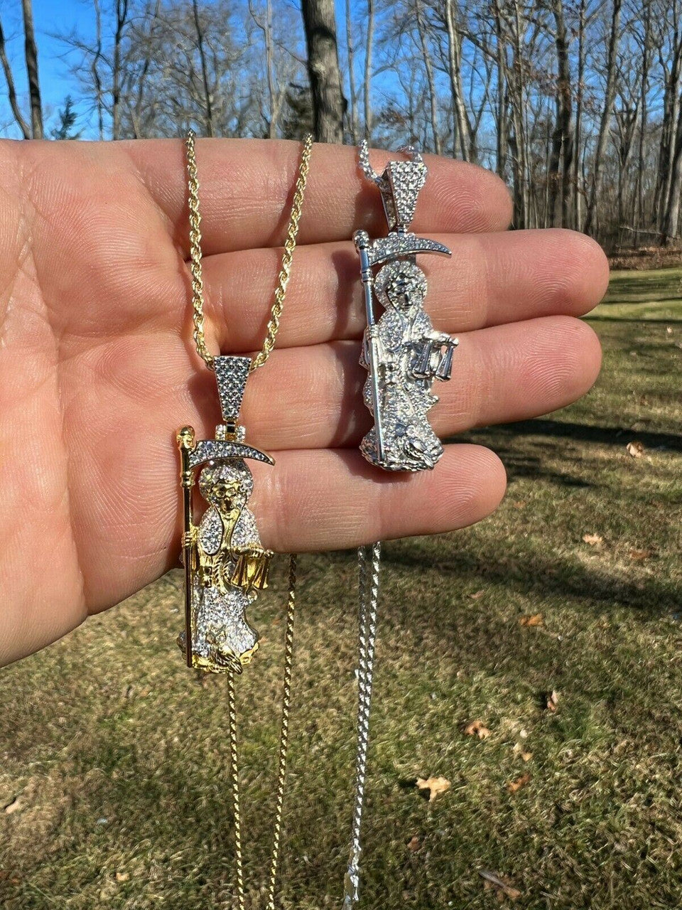 Real 925 Sterling Silver / Gold Santa Muerte Grim Reaper Death Pendant Necklace