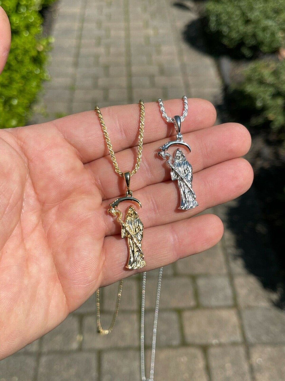 Real 925 Sterling Silver Gold Santa Muerte Grim Reaper Death Pendant Necklace