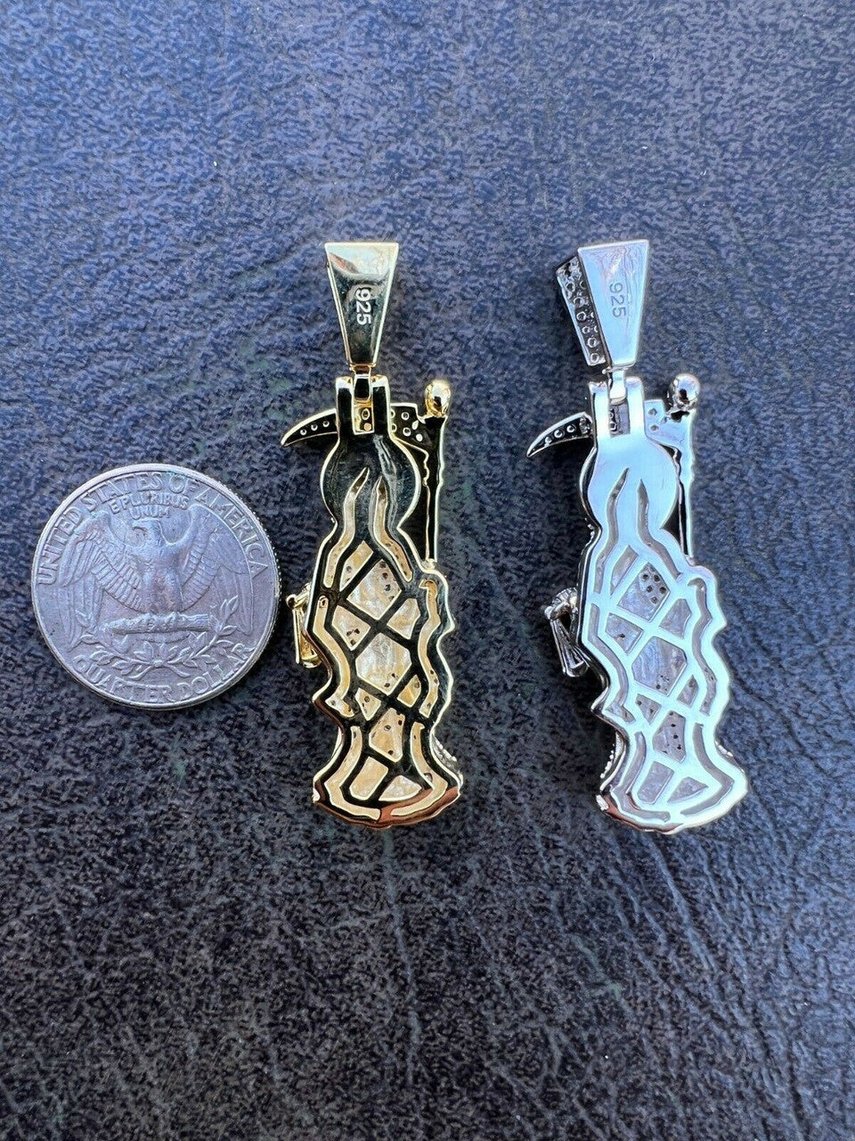 Real 925 Sterling Silver / Gold Santa Muerte Grim Reaper Death Pendant Necklace