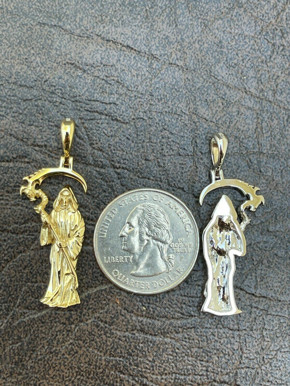Real 925 Sterling Silver Gold Santa Muerte Grim Reaper Death Pendant Necklace