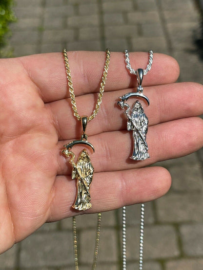 Real 925 Sterling Silver Gold Santa Muerte Grim Reaper Death Pendant Necklace