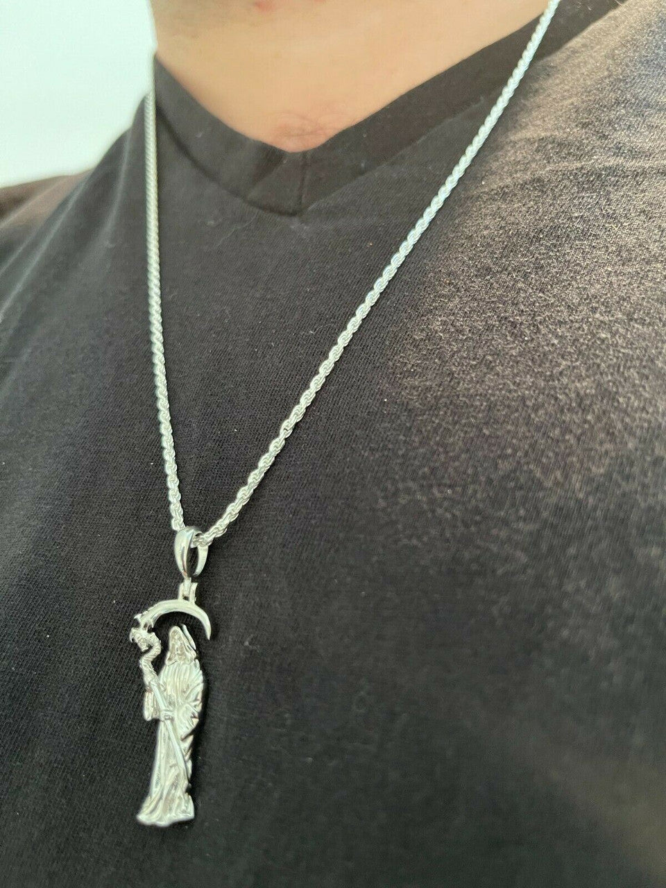 Real 925 Sterling Silver Gold Santa Muerte Grim Reaper Death Pendant Necklace