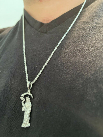 Real 925 Sterling Silver Gold Santa Muerte Grim Reaper Death Pendant Necklace