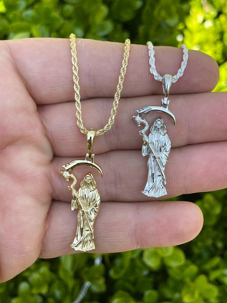Real 925 Sterling Silver Gold Santa Muerte Grim Reaper Death Pendant Necklace