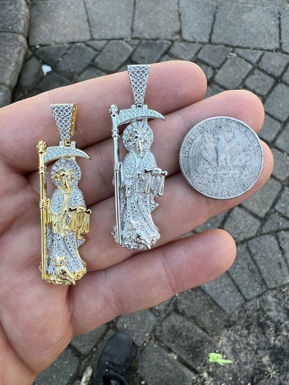 Real 925 Sterling Silver / Gold Santa Muerte Grim Reaper Death Pendant Necklace