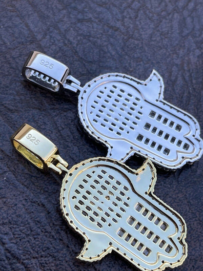 Real 925 Sterling Silver Hip Hop Iced Hand Of Fatima W Islamic Allah Sign Gold