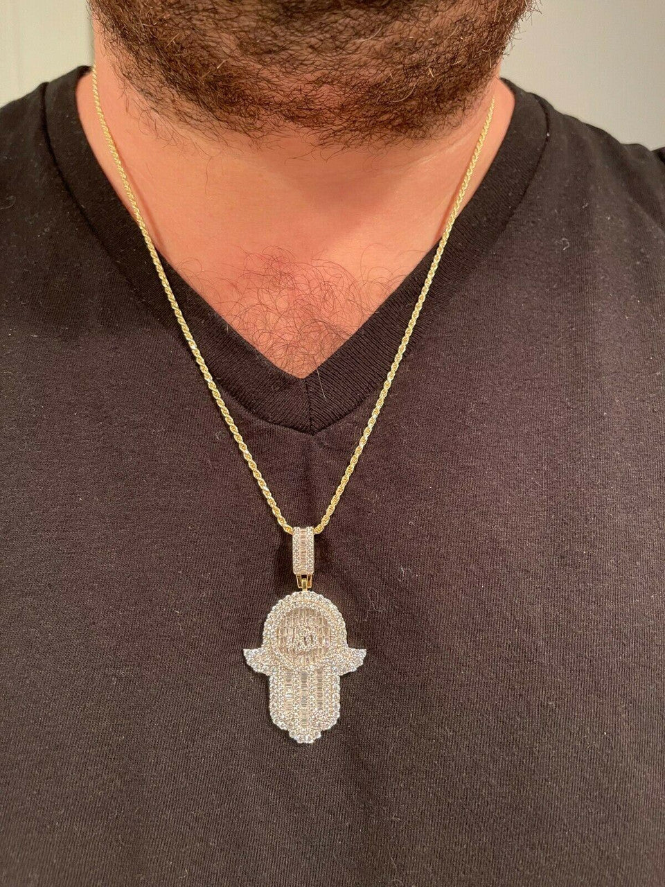 Real 925 Sterling Silver Hip Hop Iced Hand Of Fatima W Islamic Allah Sign Gold