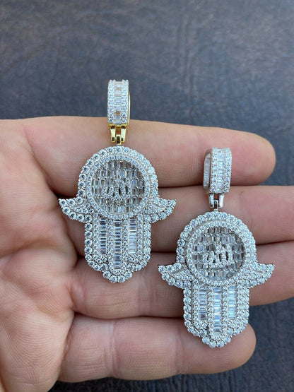 Real 925 Sterling Silver Hip Hop Iced Hand Of Fatima W Islamic Allah Sign Gold
