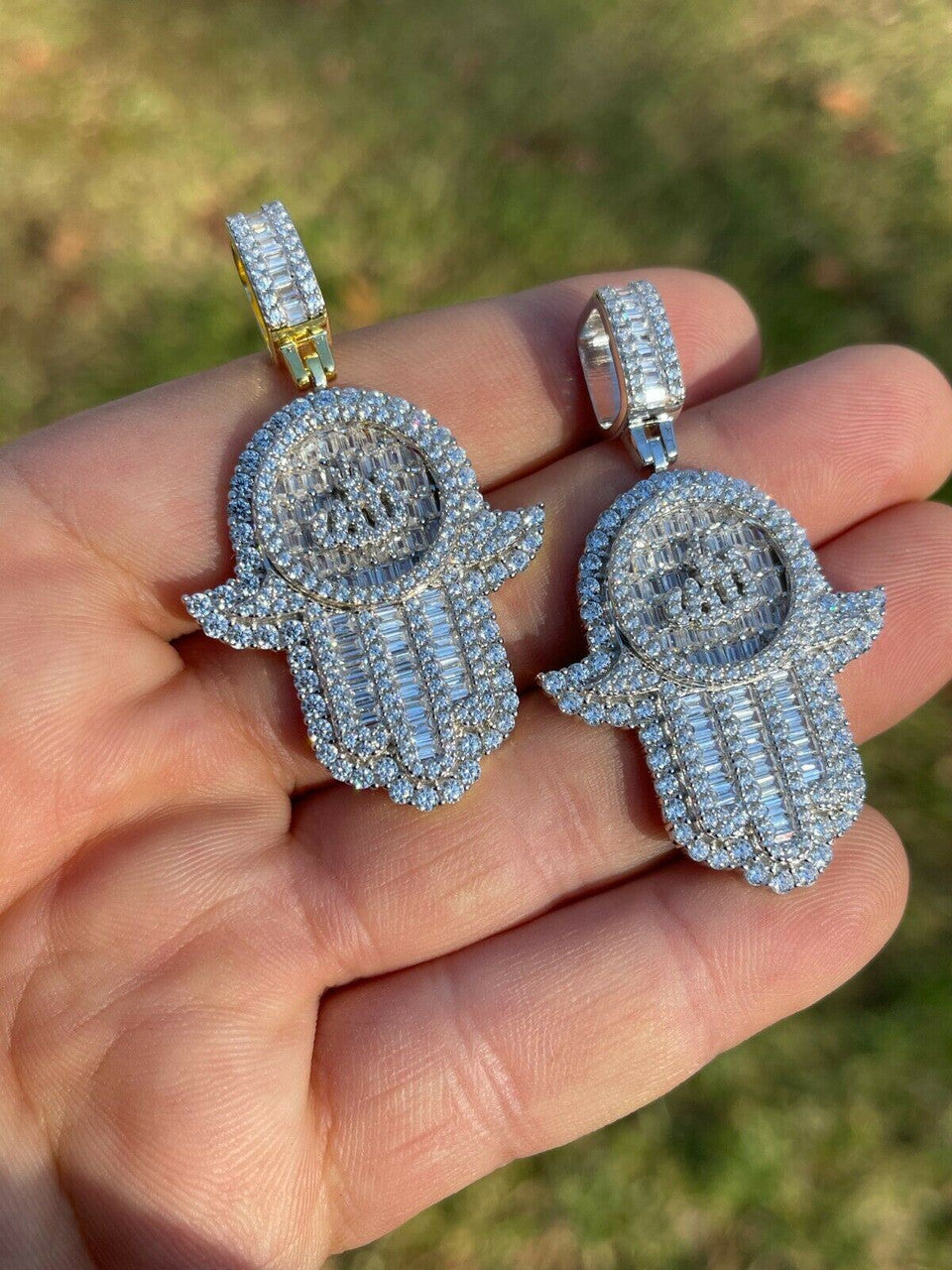 Real 925 Sterling Silver Hip Hop Iced Hand Of Fatima W Islamic Allah Sign Gold