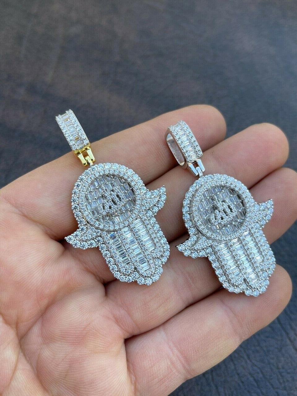 Real 925 Sterling Silver Hip Hop Iced Hand Of Fatima W Islamic Allah Sign Gold