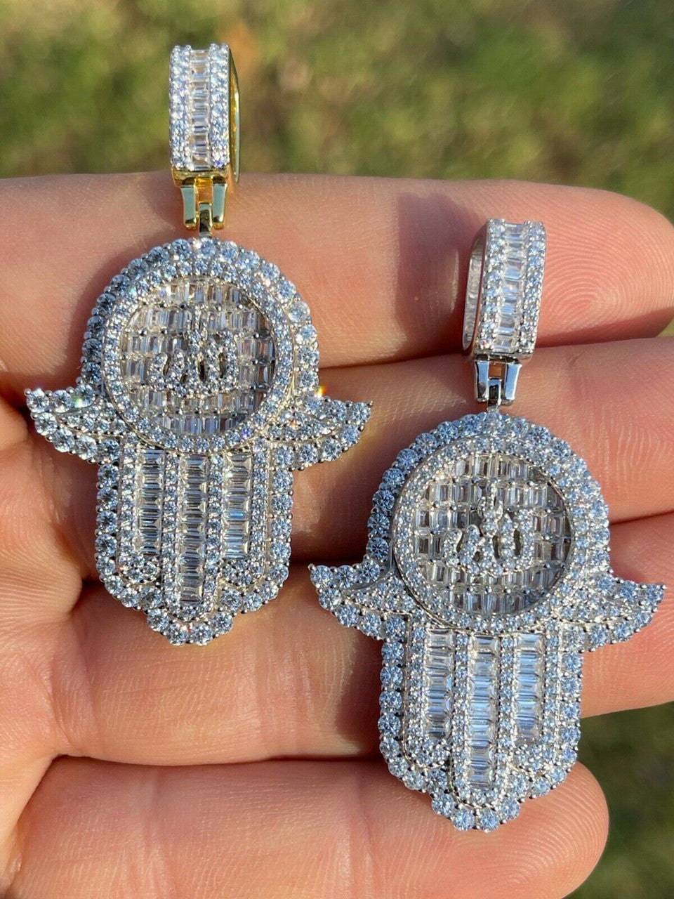 Real 925 Sterling Silver Hip Hop Iced Hand Of Fatima W Islamic Allah Sign Gold