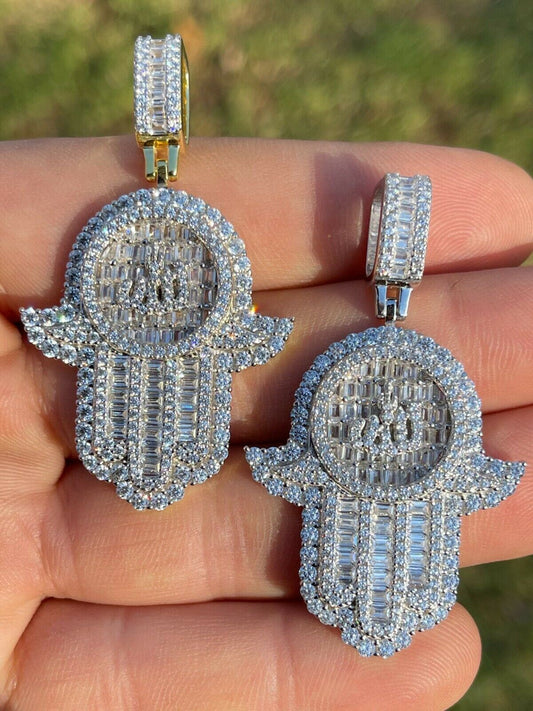 Real 925 Sterling Silver Hip Hop Iced Hand Of Fatima W Islamic Allah Sign Gold