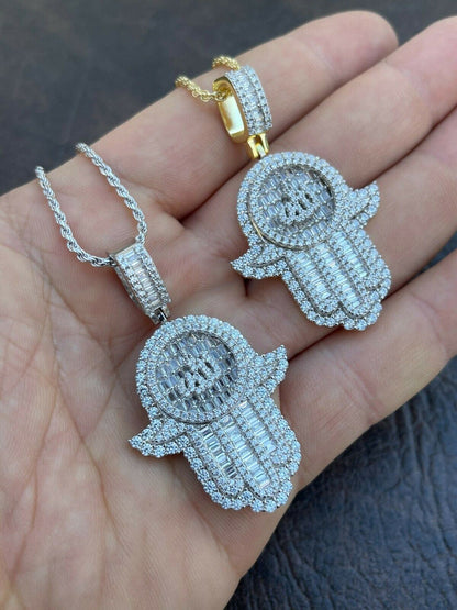 Real 925 Sterling Silver Hip Hop Iced Hand Of Fatima W Islamic Allah Sign Gold