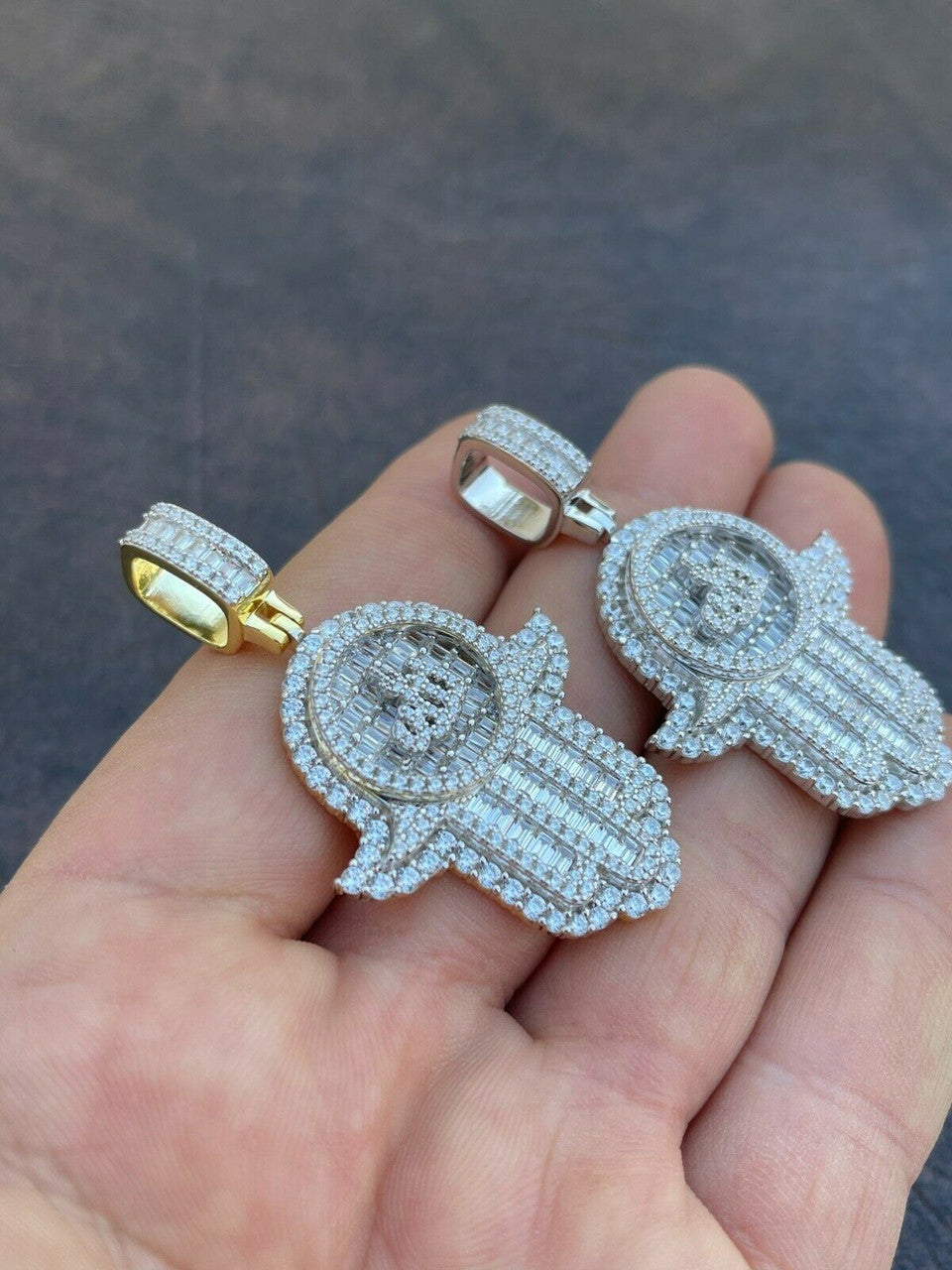 Real 925 Sterling Silver Hip Hop Iced Hand Of Fatima W Islamic Allah Sign Gold