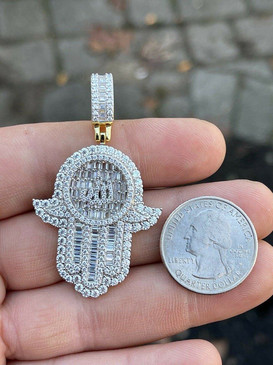 Real 925 Sterling Silver Hip Hop Iced Hand Of Fatima W Islamic Allah Sign Gold