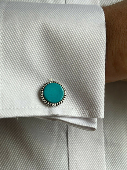 Real 925 Sterling Silver Mens Blue Turquoise Cuff Links Cufflinks Tuxedo Shirt