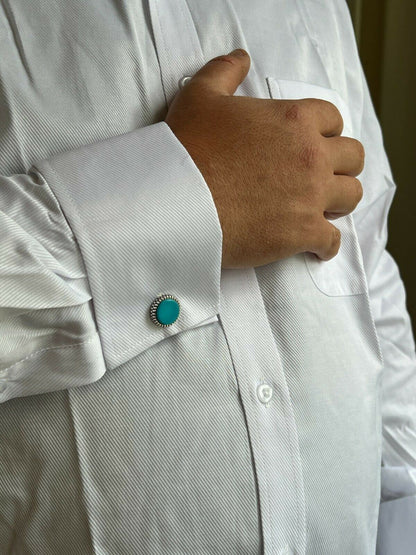 Real 925 Sterling Silver Mens Blue Turquoise Cuff Links Cufflinks Tuxedo Shirt
