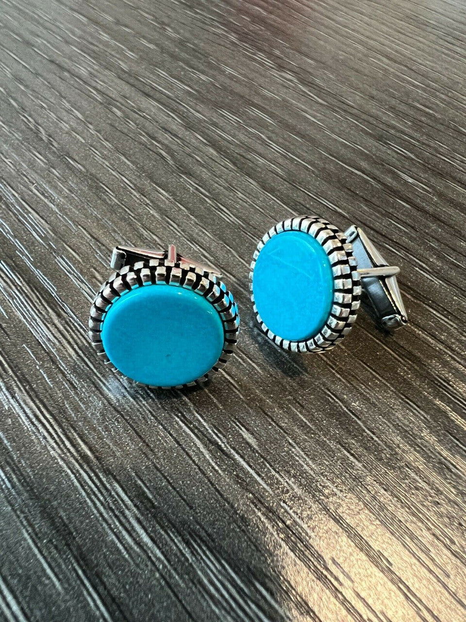 Real 925 Sterling Silver Mens Blue Turquoise Cuff Links Cufflinks Tuxedo Shirt