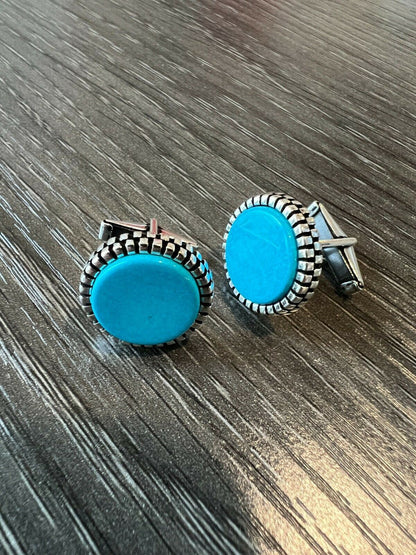 Real 925 Sterling Silver Mens Blue Turquoise Cuff Links Cufflinks Tuxedo Shirt