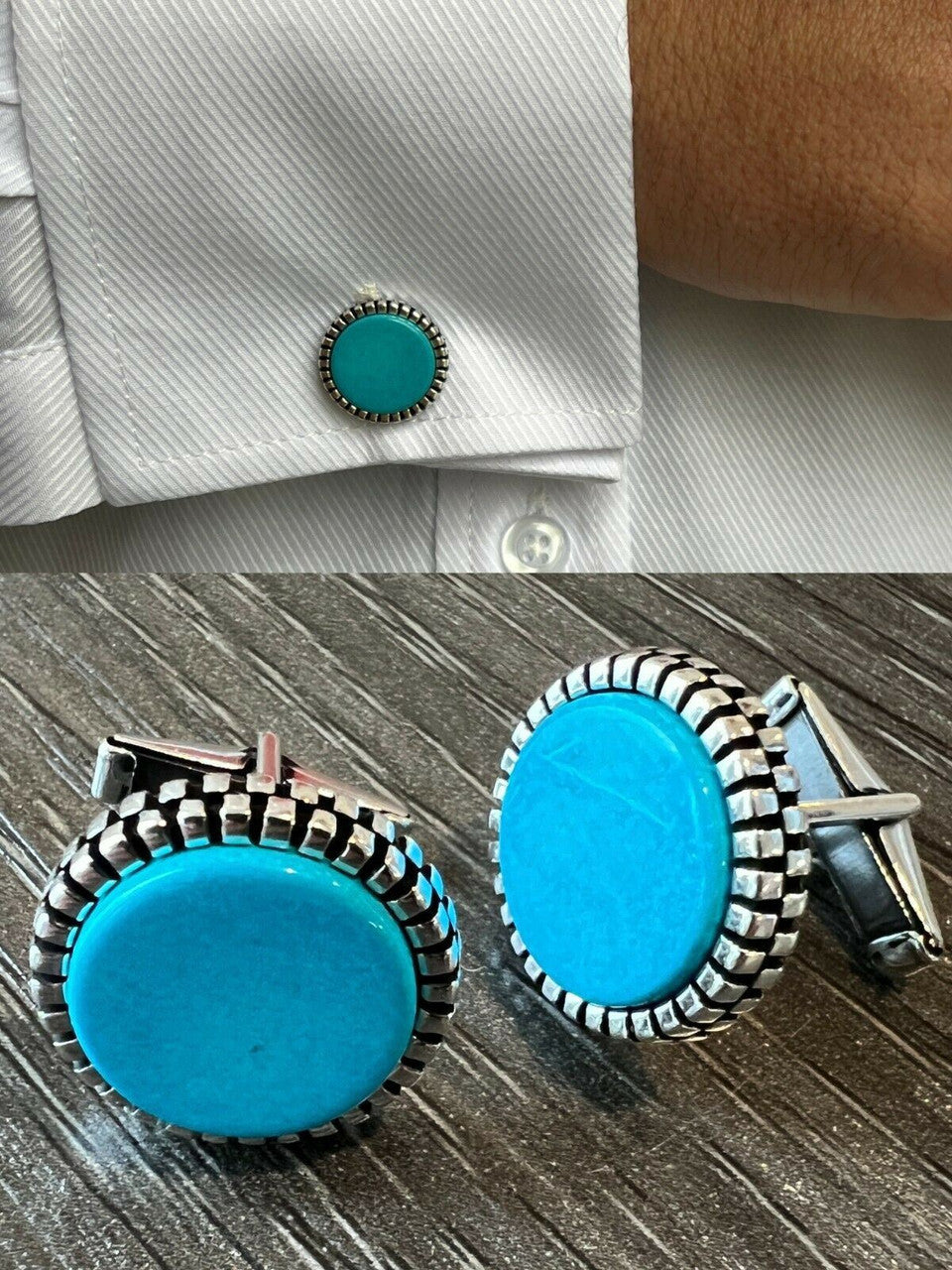Real 925 Sterling Silver Mens Blue Turquoise Cuff Links Cufflinks Tuxedo Shirt
