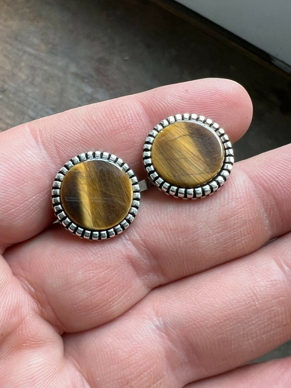 Real 925 Sterling Silver Tigers Eye Stone Cuff Links Cufflinks Tuxedo Shirt