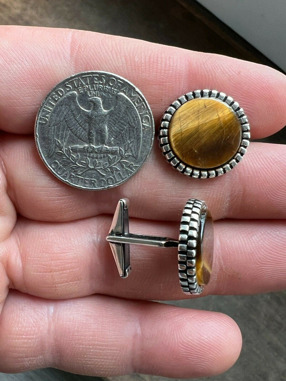 Real 925 Sterling Silver Tigers Eye Stone Cuff Links Cufflinks Tuxedo Shirt